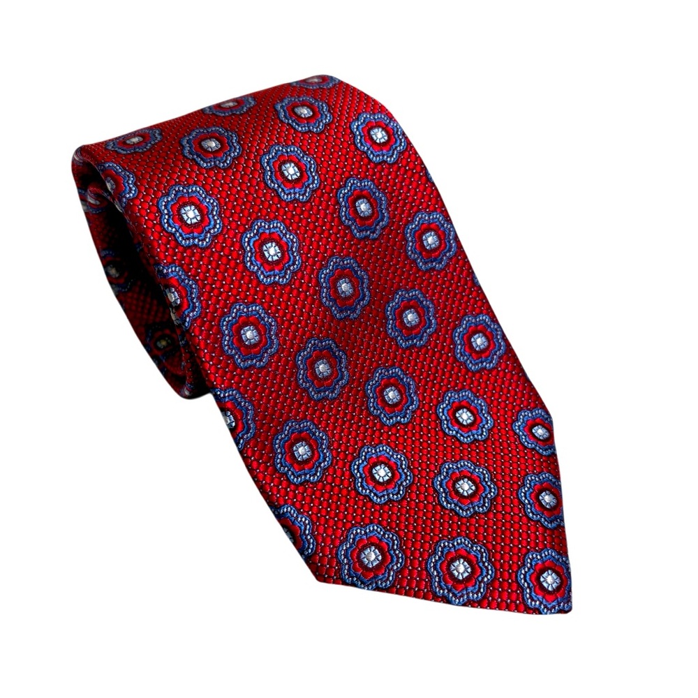 Vintage Red & Blue Geometric Flower Dot Patterned Robert Talbott Tie